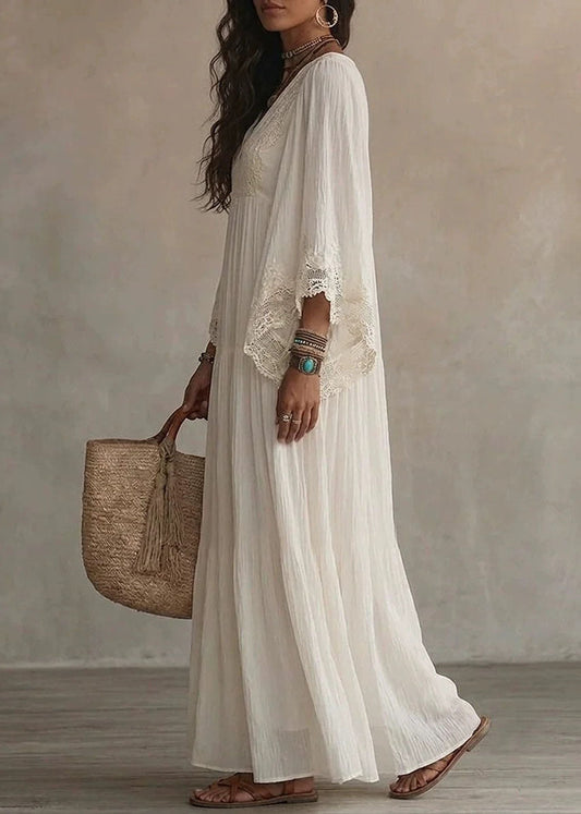 Unique White V Neck Wrinkled Patchwork LaceVacation Dresses Bracelet Sleeve