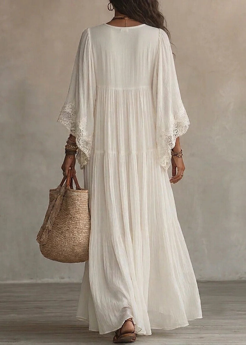 Unique White V Neck Wrinkled Patchwork LaceVacation Dresses Bracelet Sleeve