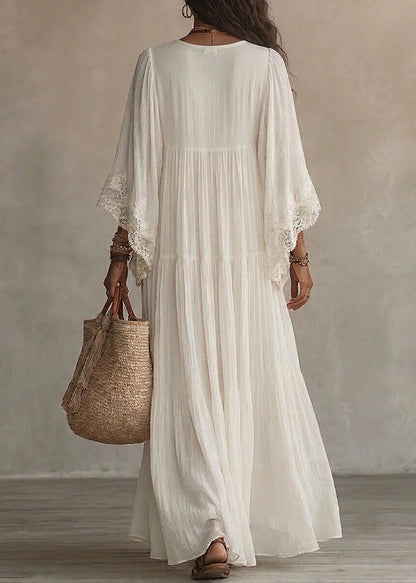 Unique White V Neck Wrinkled Patchwork LaceVacation Dresses Bracelet Sleeve