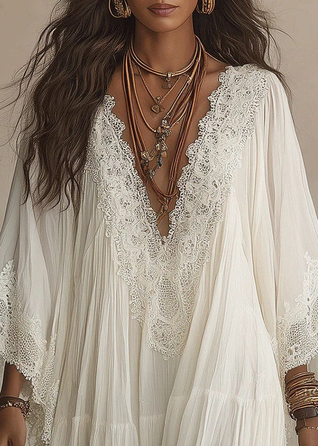 Unique White V Neck Wrinkled Patchwork LaceVacation Dresses Bracelet Sleeve