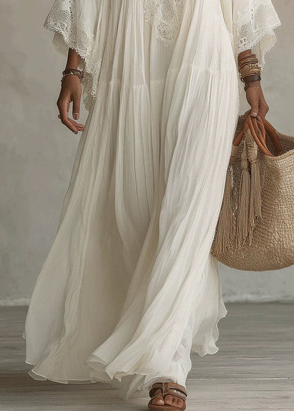 Unique White V Neck Wrinkled Patchwork LaceVacation Dresses Bracelet Sleeve