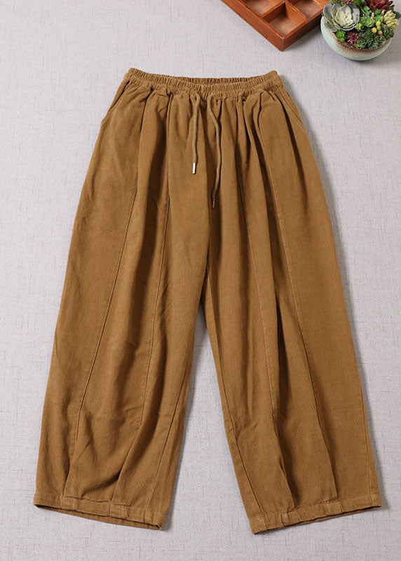 Einzigartige gelbe Patchwork-Baumwollhose mit Gürtel Frühling