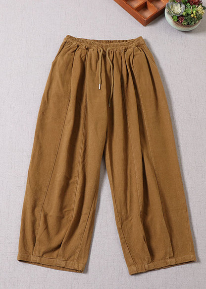 Einzigartige gelbe Patchwork-Baumwollhose mit Gürtel Frühling