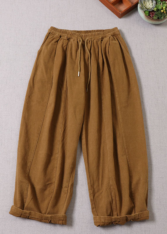 Einzigartige gelbe Patchwork-Baumwollhose mit Gürtel Frühling