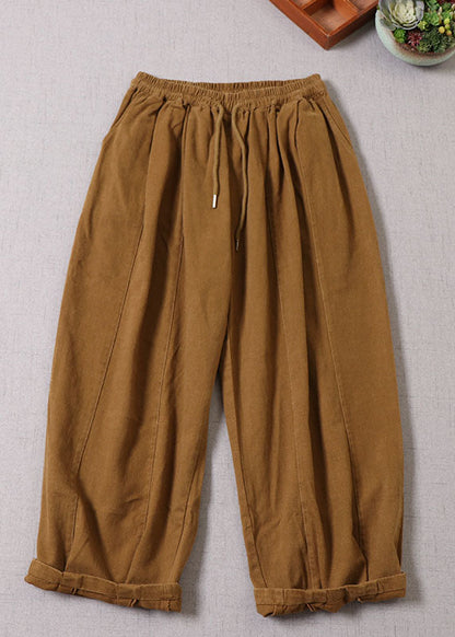 Einzigartige gelbe Patchwork-Baumwollhose mit Gürtel Frühling