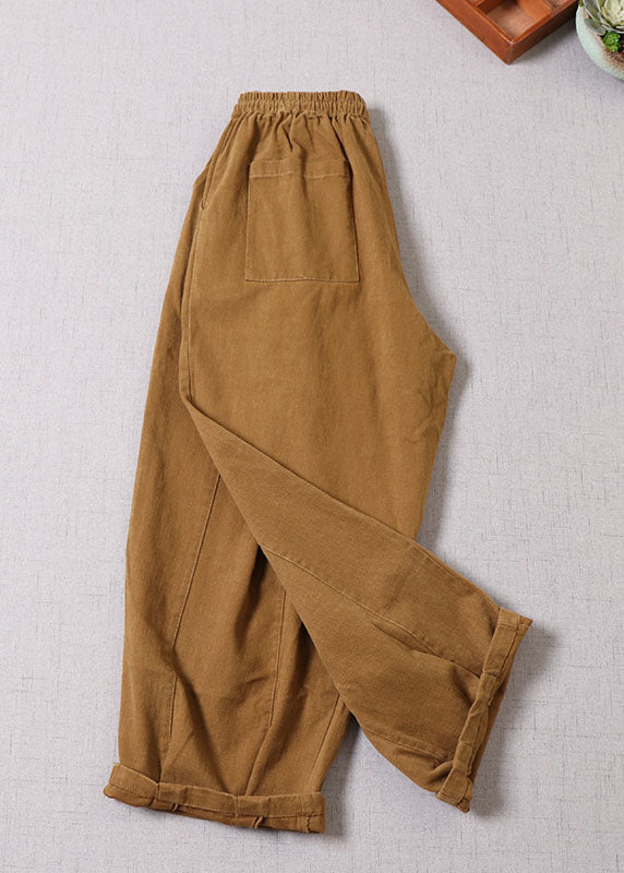 Einzigartige gelbe Patchwork-Baumwollhose mit Gürtel Frühling