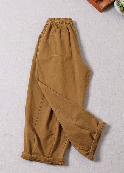 Einzigartige gelbe Patchwork-Baumwollhose mit Gürtel Frühling