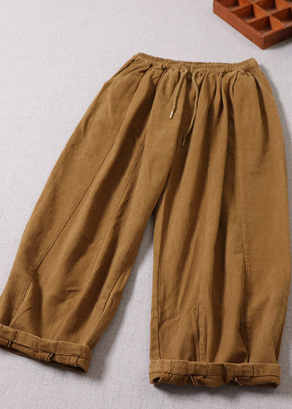 Einzigartige gelbe Patchwork-Baumwollhose mit Gürtel Frühling