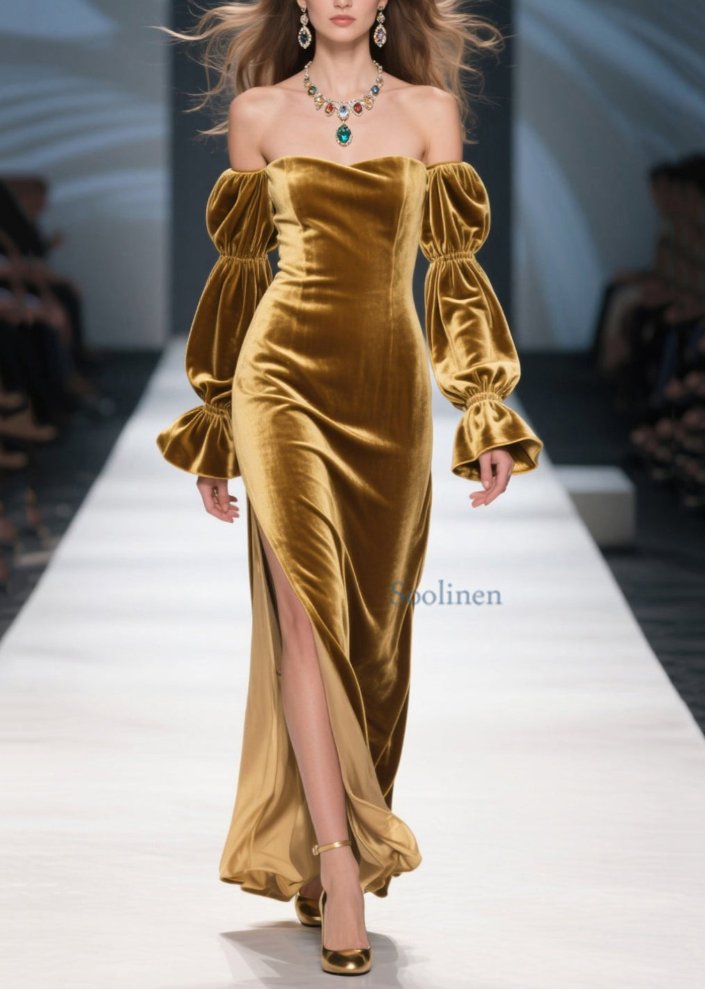 Vestido de primavera único de terciopelo amarillo con hombros descubiertos y abertura lateral con parches