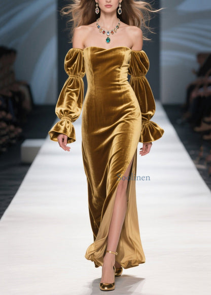 Vestido de primavera único de terciopelo amarillo con hombros descubiertos y abertura lateral con parches
