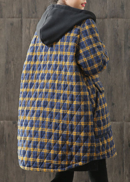 Einzigartige gelbe Kapuzen-Parkas mit karierten Taschen aus Baumwolle für den Winter