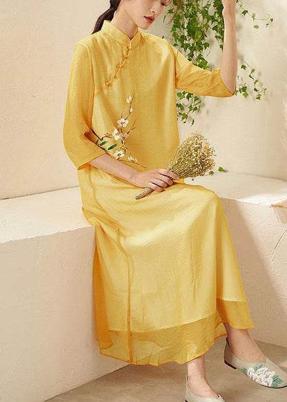 Unique Yellow Mandarin Collar Print Summer Dresses - SooLinen