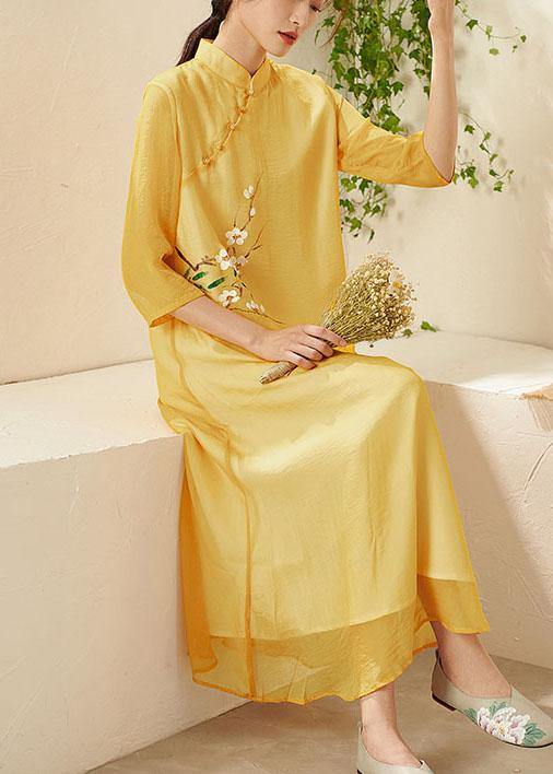 Unique Yellow Mandarin Collar Print Summer Dresses - SooLinen