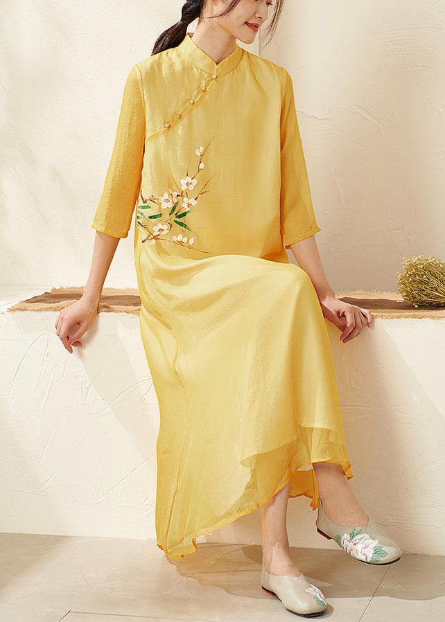 Unique Yellow Mandarin Collar Print Summer Dresses - SooLinen