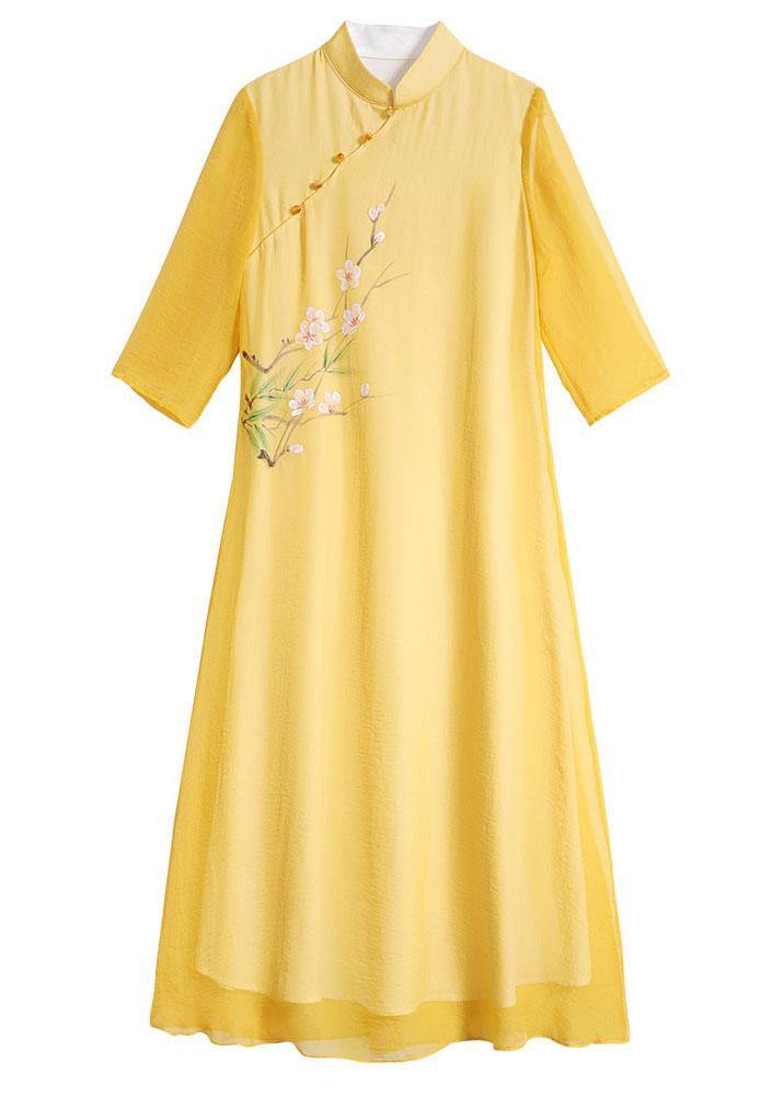 Unique Yellow Mandarin Collar Print Summer Dresses - SooLinen