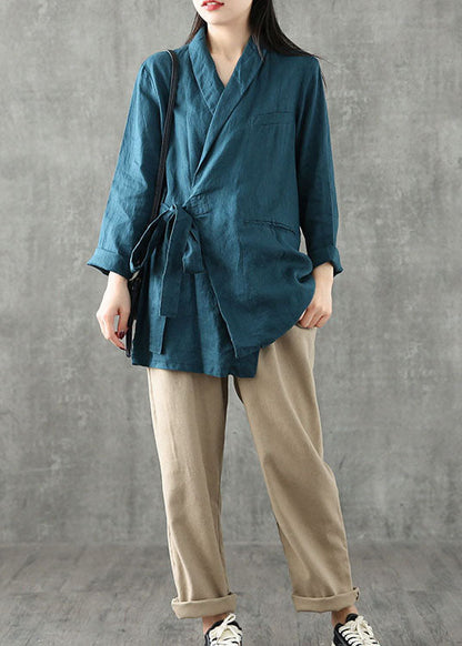 Einzigartige gelbe Peter Pan Kragen Taschen Krawatte Taille Patchwork Leinen Mäntel Frühling