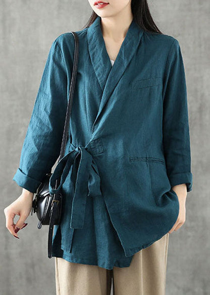 Einzigartige gelbe Peter Pan Kragen Taschen Krawatte Taille Patchwork Leinen Mäntel Frühling