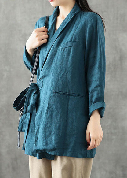 Einzigartige gelbe Peter Pan Kragen Taschen Krawatte Taille Patchwork Leinen Mäntel Frühling