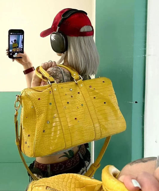 Einzigartige gelbe Strass-Handtasche aus Kunstleder mit großem Fassungsvermögen