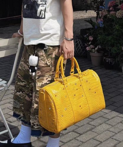 Bolso de mano de piel sintética de gran capacidad con diamantes de imitación amarillos únicos