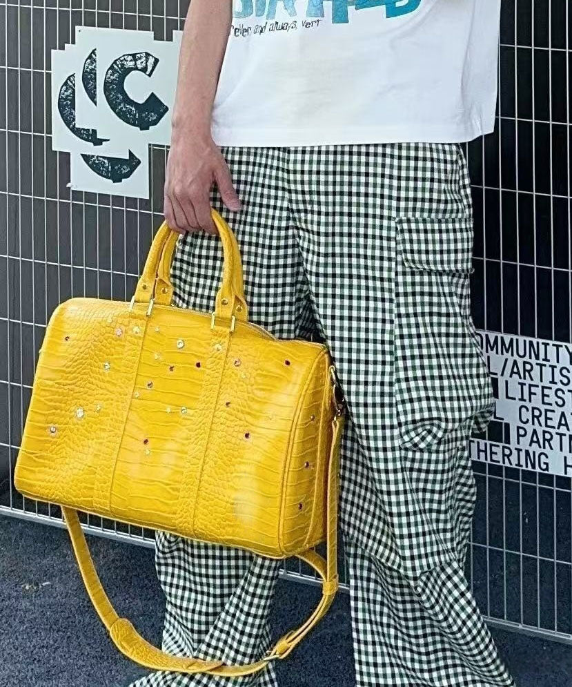 Bolso de mano de piel sintética de gran capacidad con diamantes de imitación amarillos únicos