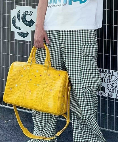 Bolso de mano de piel sintética de gran capacidad con diamantes de imitación amarillos únicos