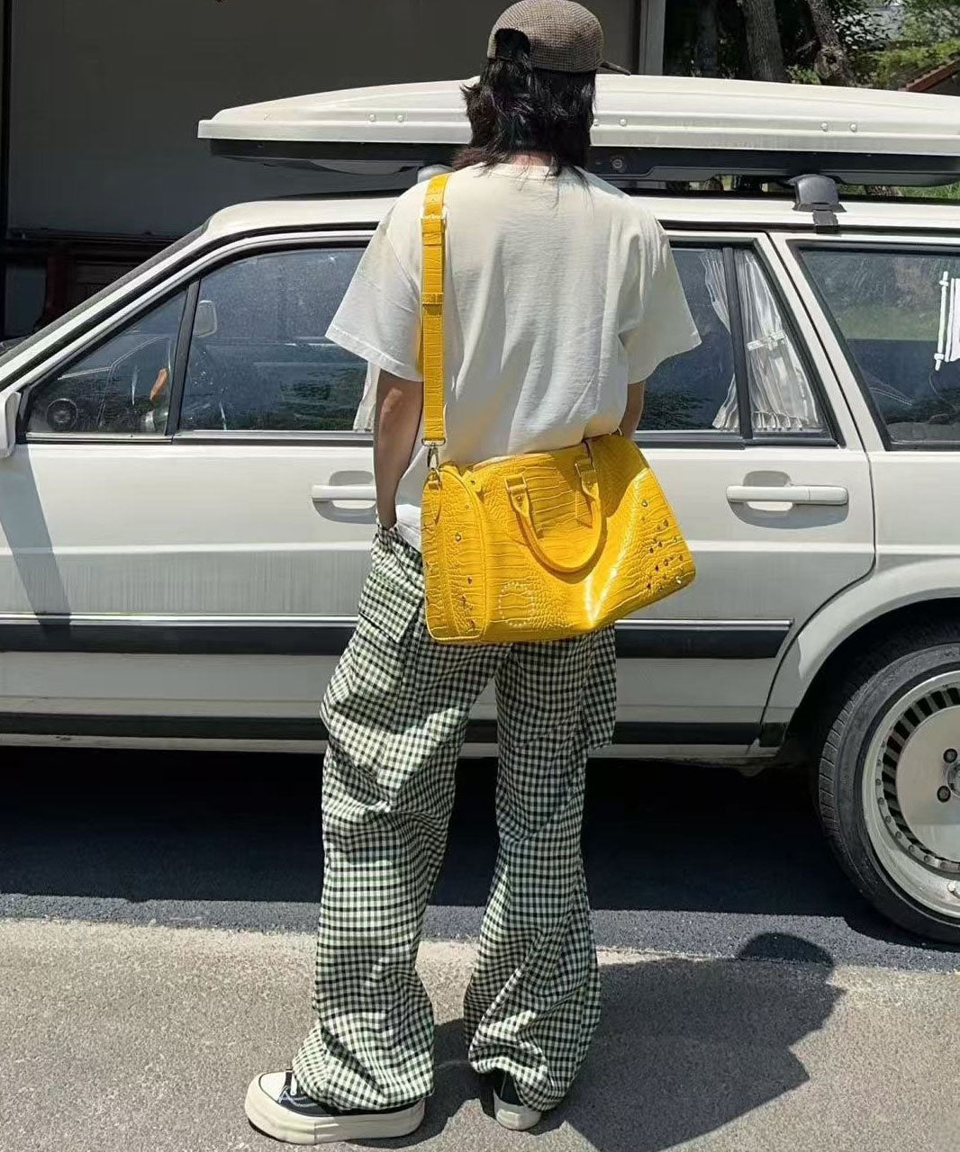 Bolso de mano de piel sintética de gran capacidad con diamantes de imitación amarillos únicos