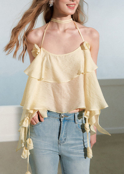 Unique Yellow Ruffled Cotton Spaghetti Strap Top Summer