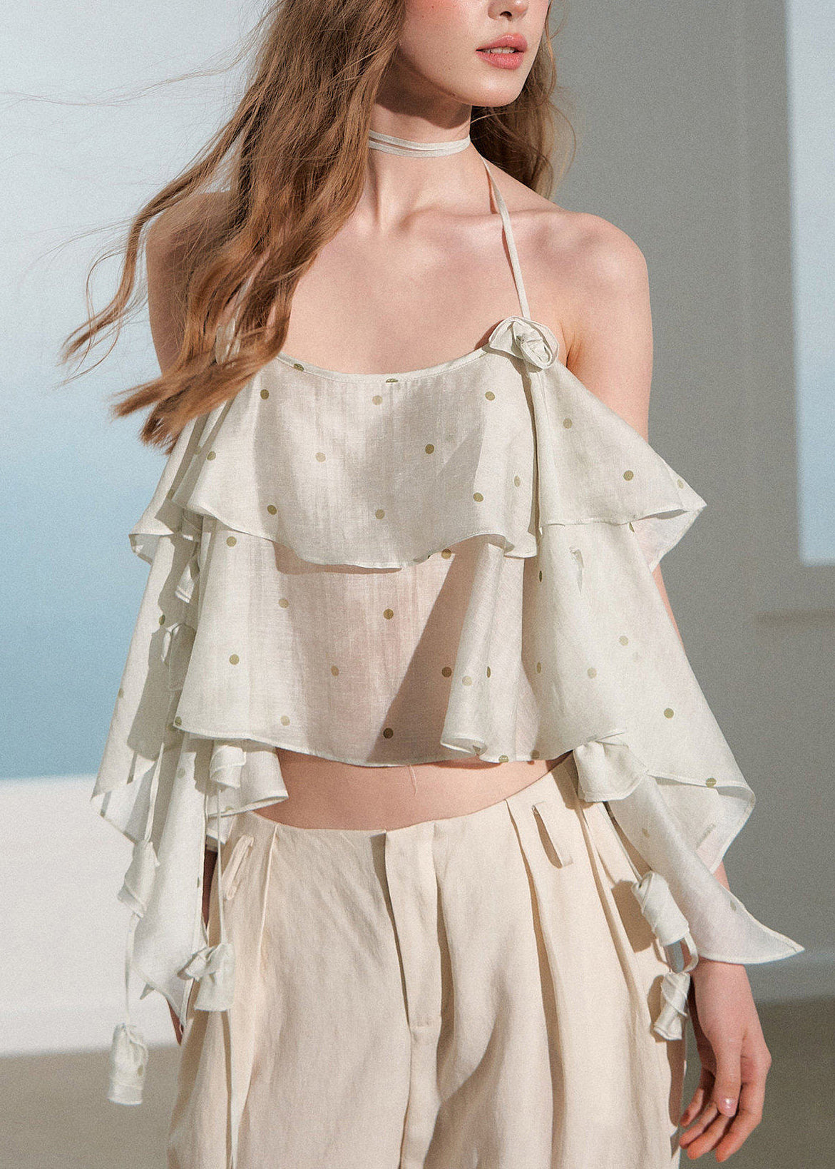 Unique Yellow Ruffled Cotton Spaghetti Strap Top Summer