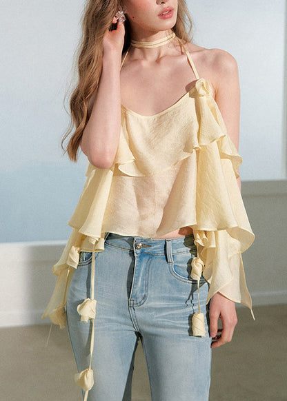 Unique Yellow Ruffled Cotton Spaghetti Strap Top Summer