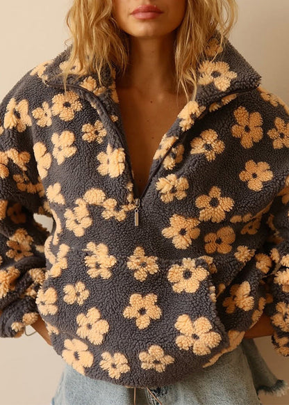 Unique Yellow Zip Up Floral Faux Fur Short Top Spring