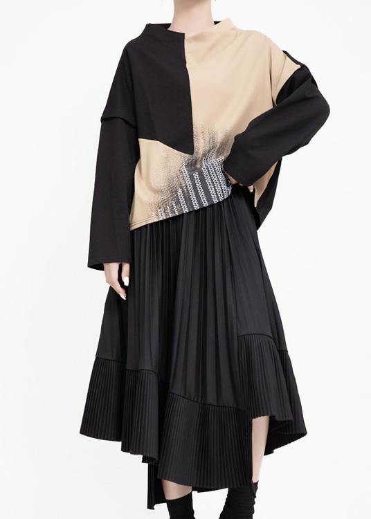 Unique asymmetric cotton patchwork tunic dress Sewing black Cinched Art Dress - SooLinen