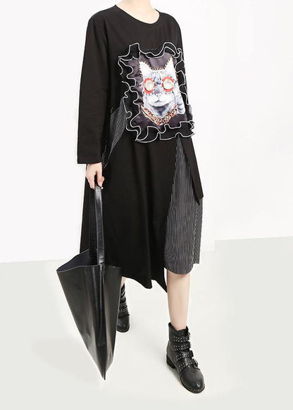 Unique asymmetric cotton prints Wardrobes Fabrics black patchwork Dresses - SooLinen