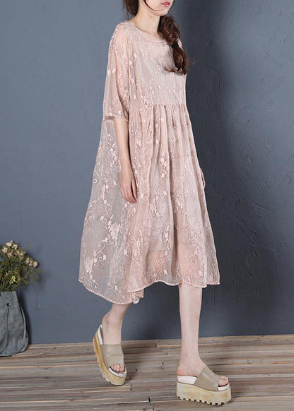 Unique beige clothes For Women o neck half sleeve oversized summer Dress - SooLinen