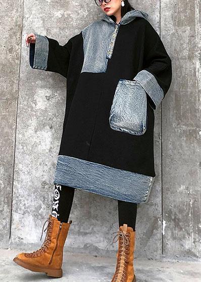 Unique black Cotton Tunics hooded pockets cotton Dress - SooLinen