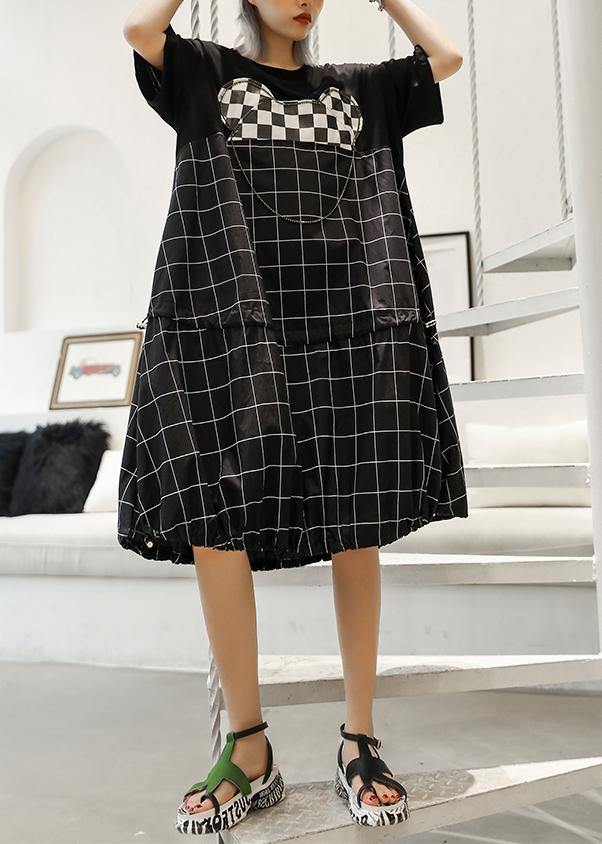 Unique black Plaid Cotton Wardrobes patchwork o neck Art summer Dresses - SooLinen