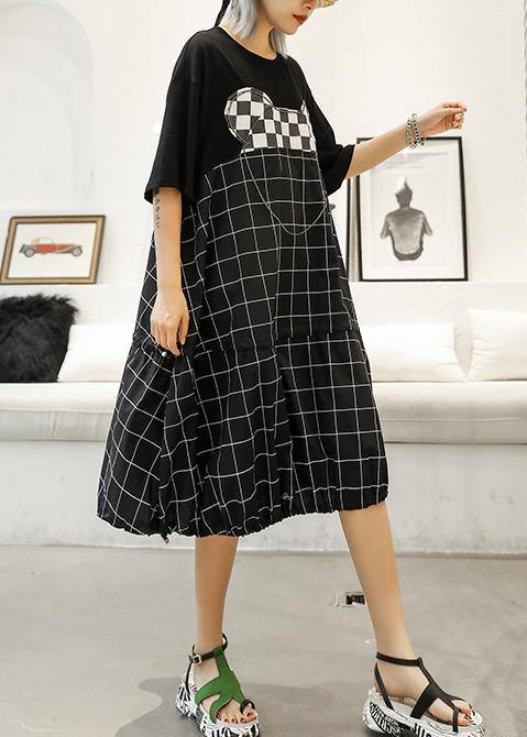 Unique black Plaid Cotton Wardrobes patchwork o neck Art summer Dresses - SooLinen