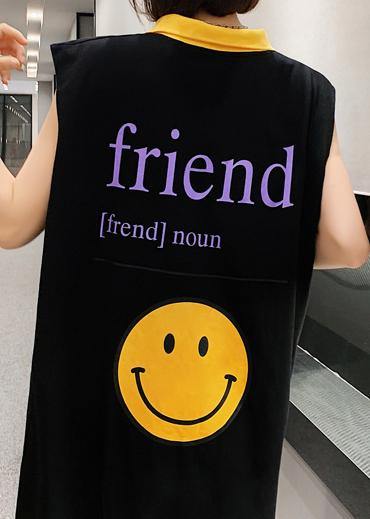 Unique black Smiley print Wardrobes lapel sleeveless Art Dress - SooLinen