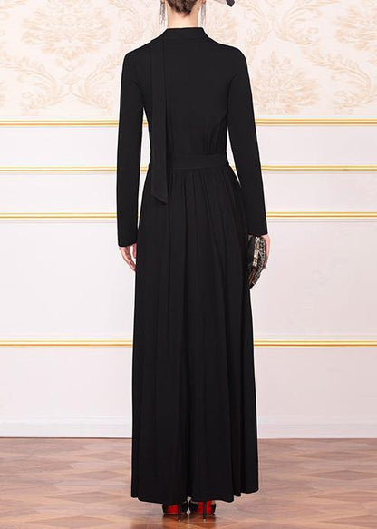 Unique black cotton clothes Women  Plus Size v neck Dresses - SooLinen