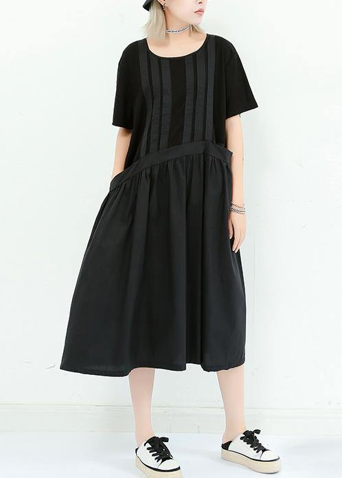 Unique black cotton dresses o neck patchwork cotton summer Dress - SooLinen