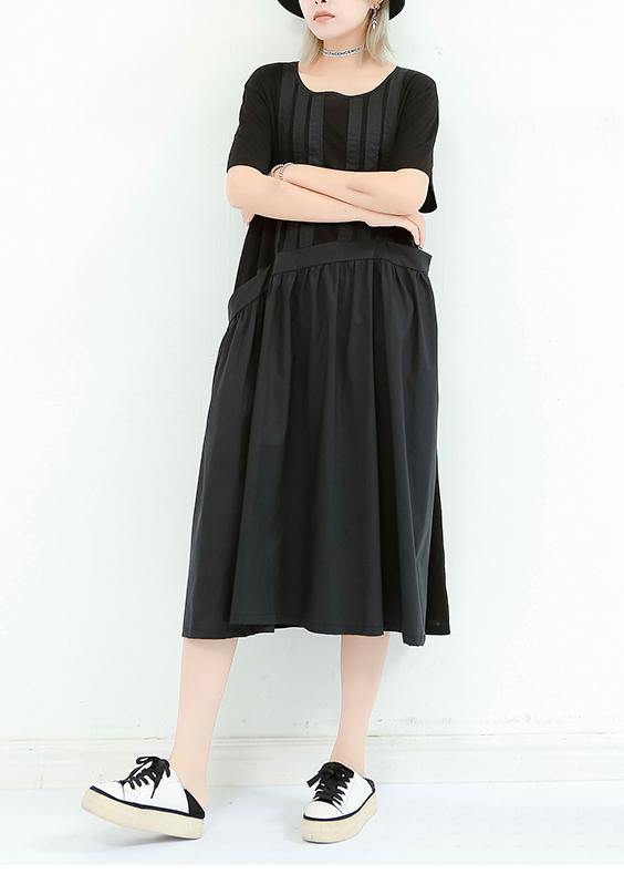 Unique black cotton dresses o neck patchwork cotton summer Dress - SooLinen