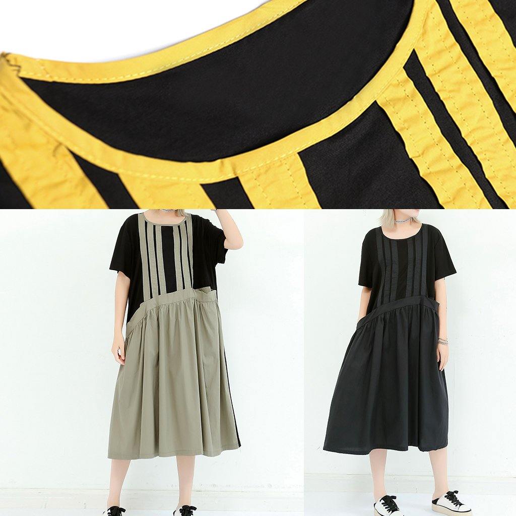 Unique black cotton dresses o neck patchwork cotton summer Dress - SooLinen