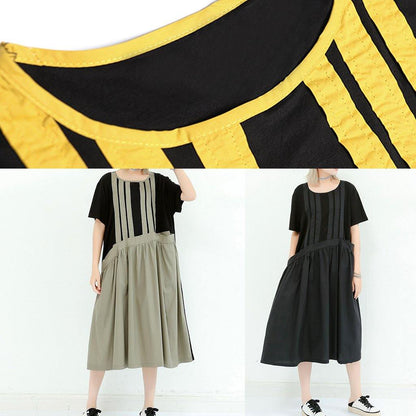 Unique black cotton dresses o neck patchwork cotton summer Dress - SooLinen