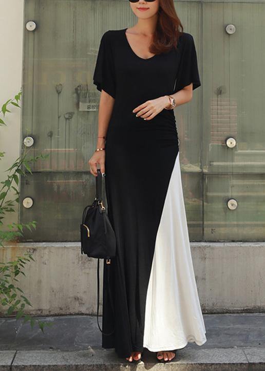 Unique black cotton tunic top v neck patchwork Art summer Dresses - SooLinen