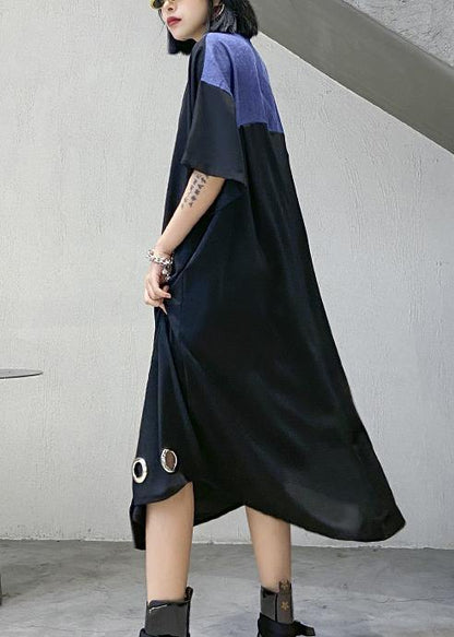 Unique black cotton tunics for women lapel patchwork Maxi Dress - SooLinen