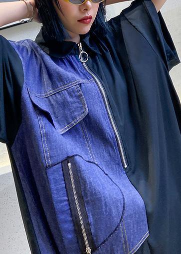 Unique black cotton tunics for women lapel patchwork Maxi Dress - SooLinen