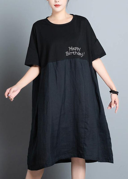 Unique black print dress o neck patchwork A Line summer Dresses - SooLinen