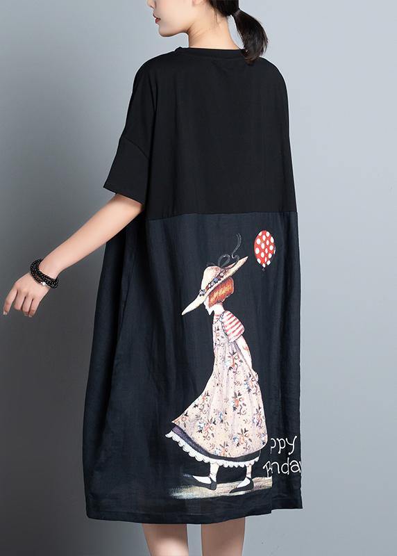 Unique black print dress o neck patchwork A Line summer Dresses - SooLinen