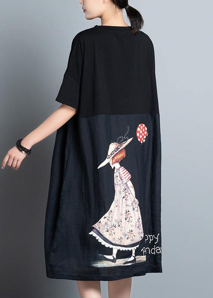 Unique black print dress o neck patchwork A Line summer Dresses - SooLinen