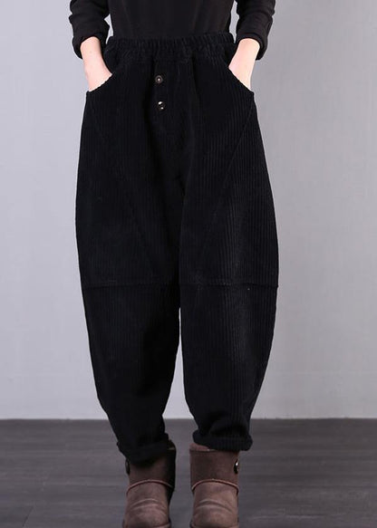 Unique black trousers oversized fall Corduroy pockets Cotton women trousers - SooLinen